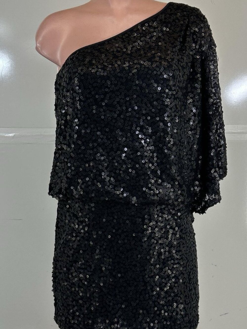 Jessica Simpson Black Sequin One Shoulder Blouson Mini Dress 10